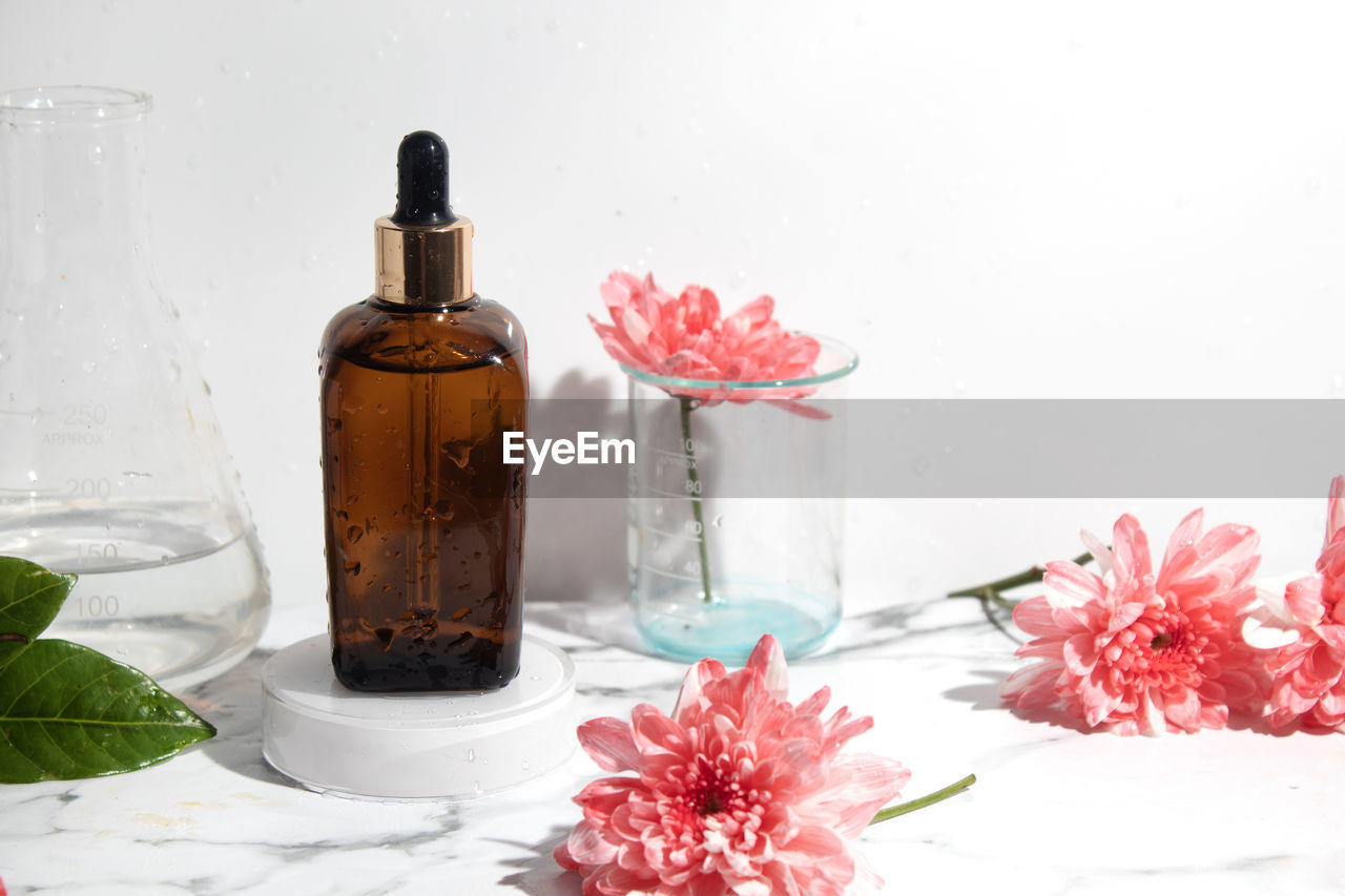 bottle, flower, plant, container, flowering plant, nature, food and drink, no people, leaf, indoors, beauty in nature, food, plant part, glass bottle, freshness, red, studio shot, glass, still life, table, white background, perfume, drinkware, aromatherapy