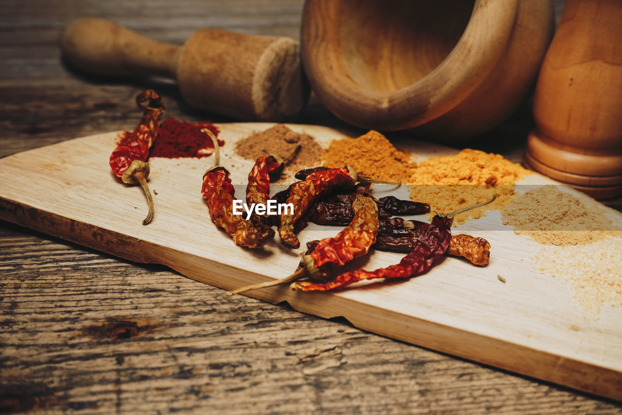 Spices by mortar and pestle on table