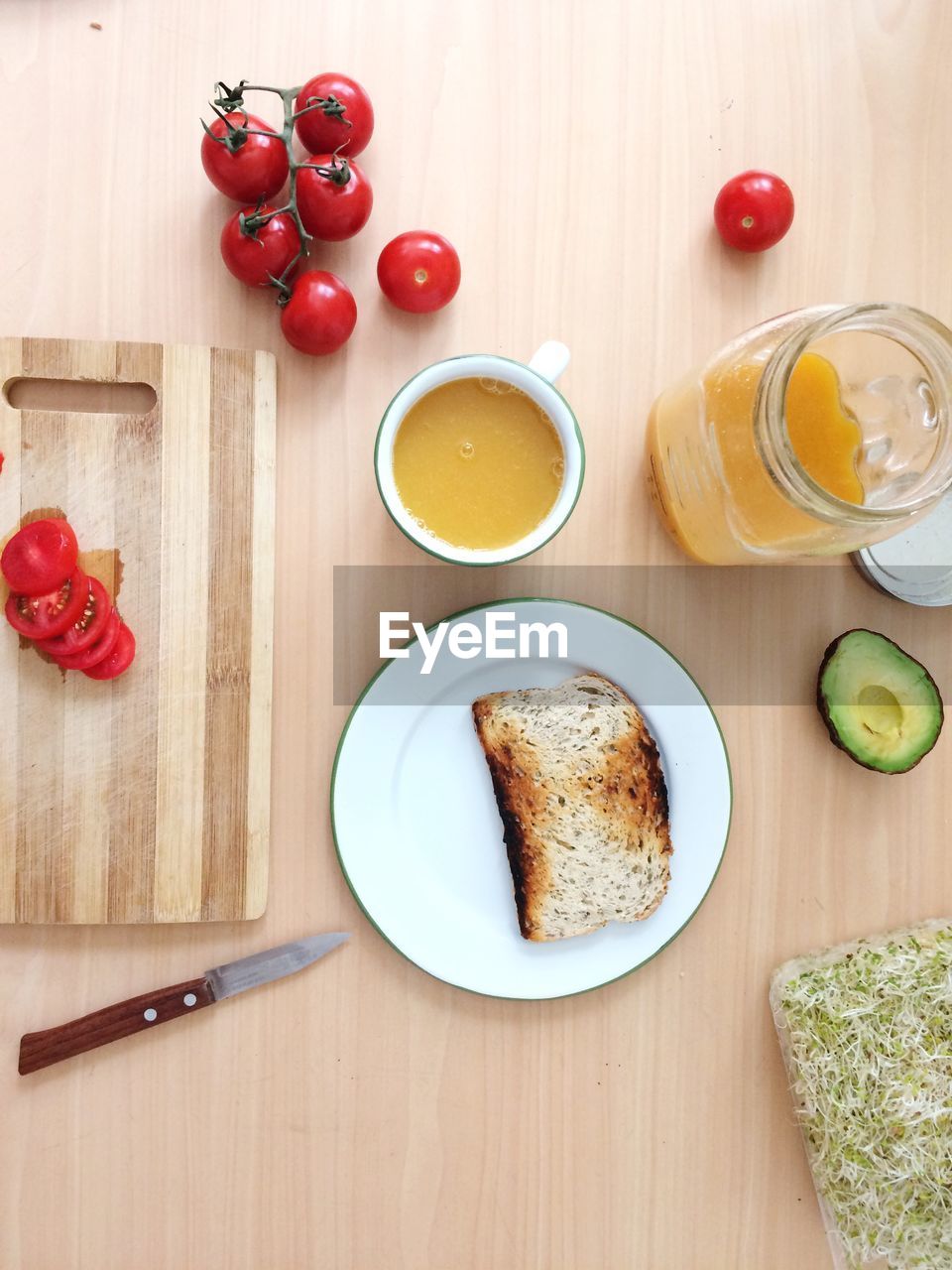 High angle view of breakfast served on table