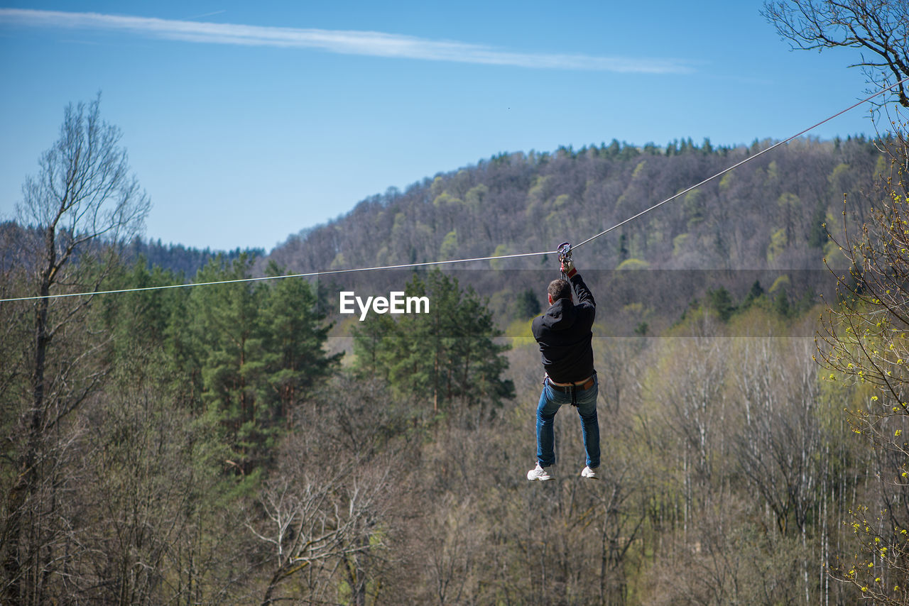 Rear view of man hanging on zip line by trees at forest