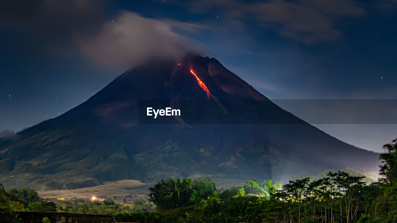Lava merapi mountain in night