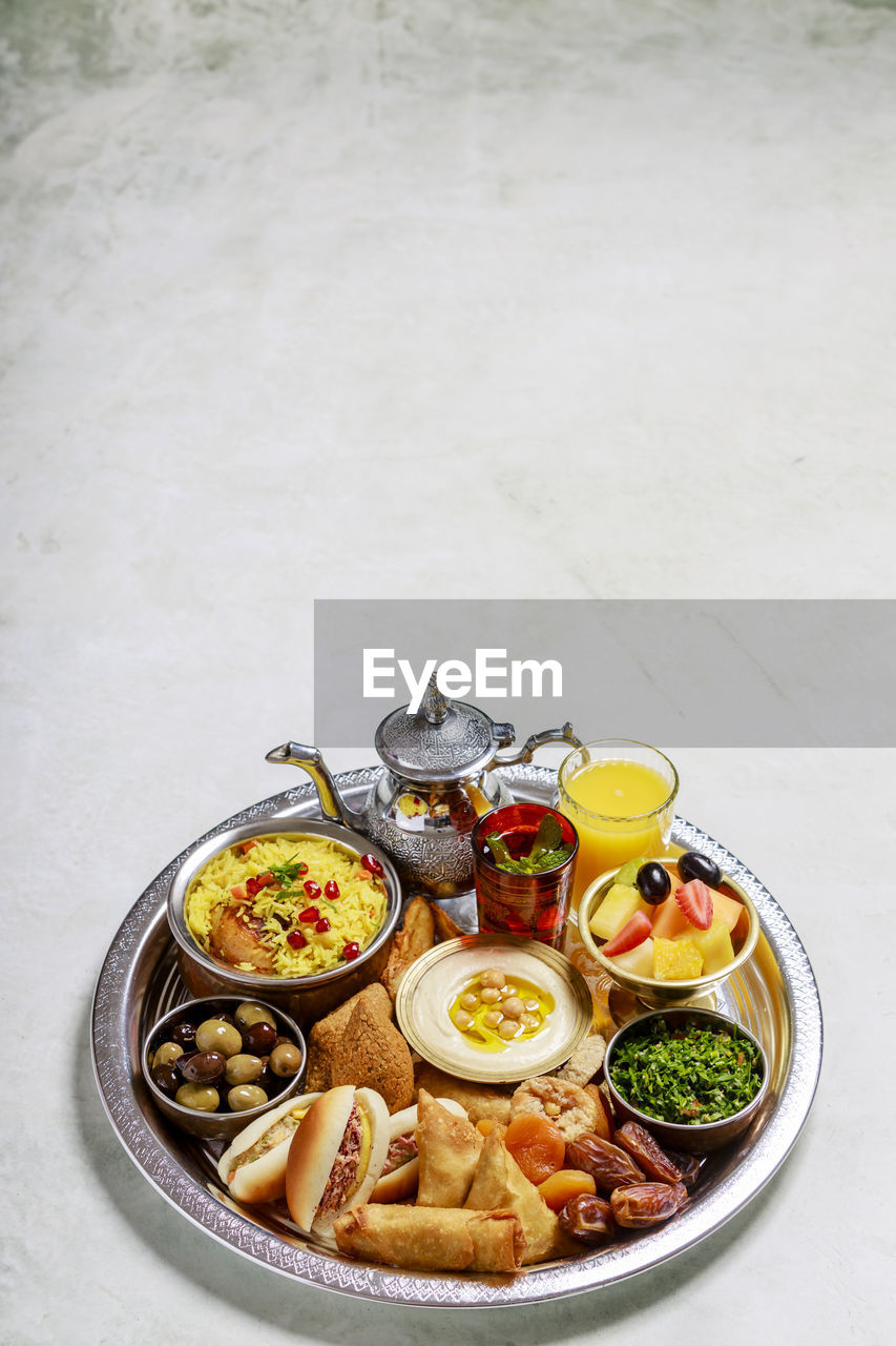 High angle view of meal served on floor