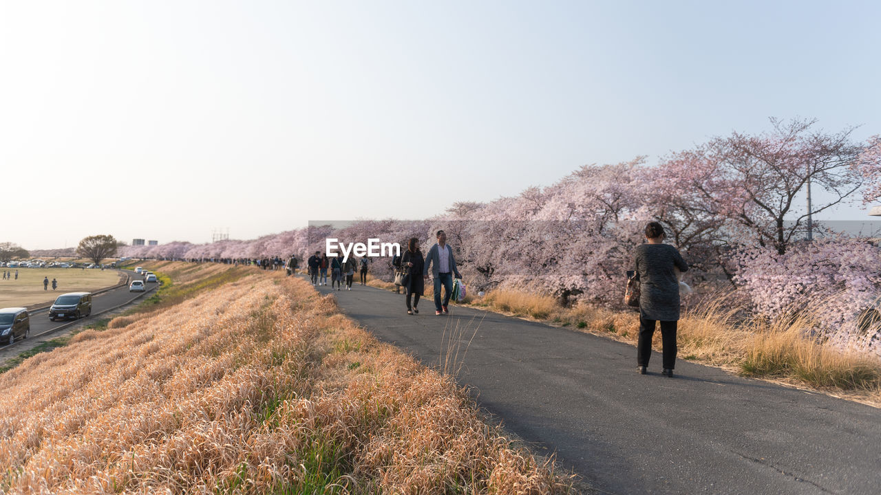 REAR VIEW OF PEOPLE WALKING ON ROAD