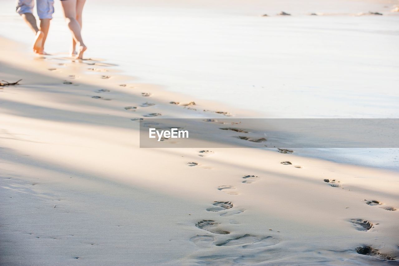 Low section of couple walking on shore at beach