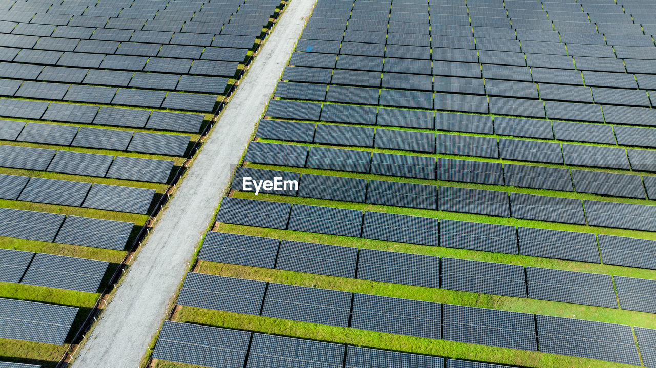 Aerial view of solar farm. solar power for green energy. sustainable resources. solar cell panels