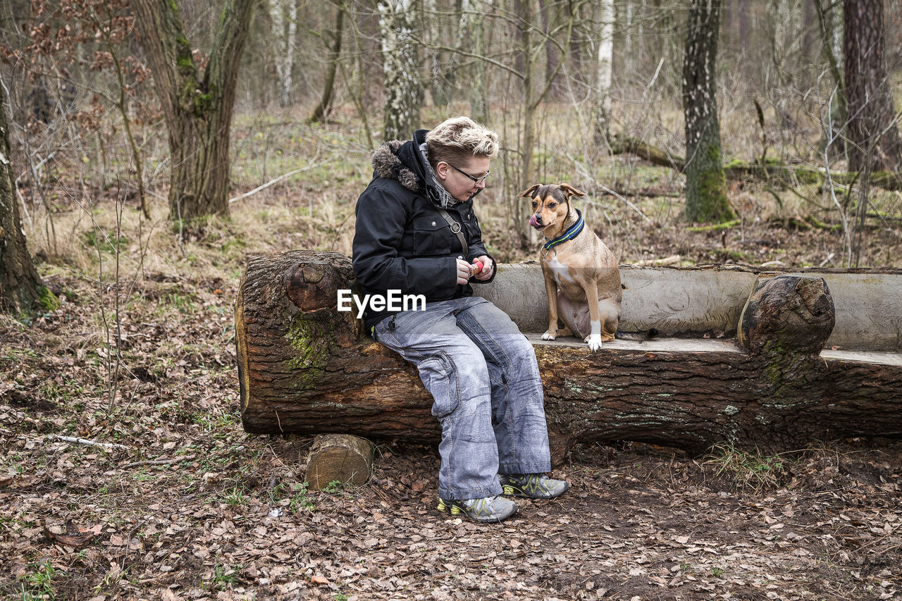 REAR VIEW OF WOMAN WITH DOG SITTING IN FOREST