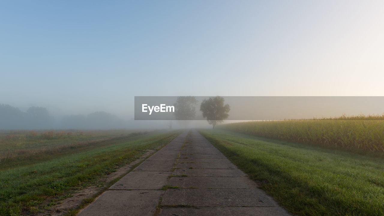 Dirt road amidst field against clear sky