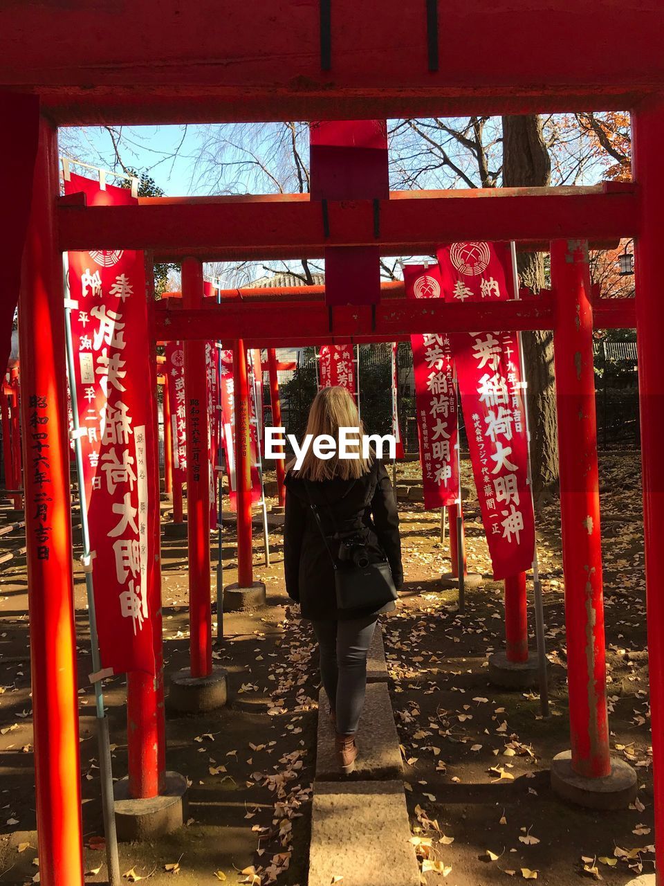 Rear view of woman walking amidst red columns at temple