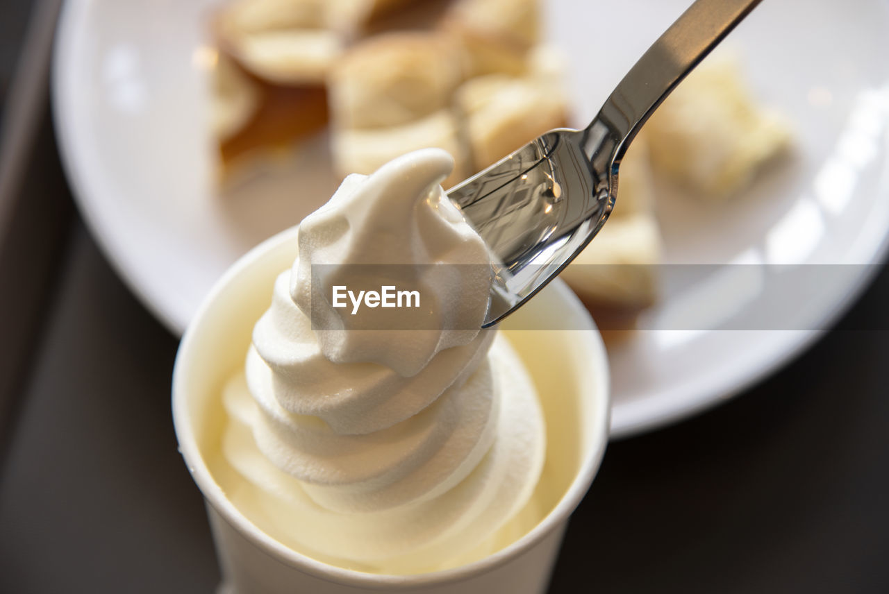 High angle view of ice cream on table