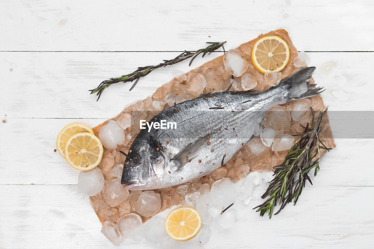 Raw dorada fish or gilt-head bream on ice with lemon slices and rosemary over