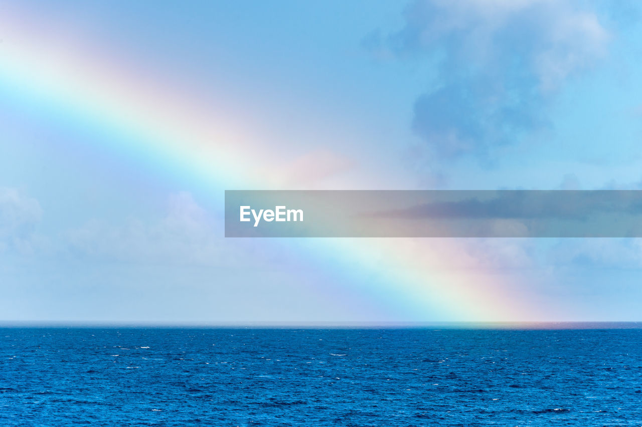 Scenic view of rainbow over sea against cloudy sky