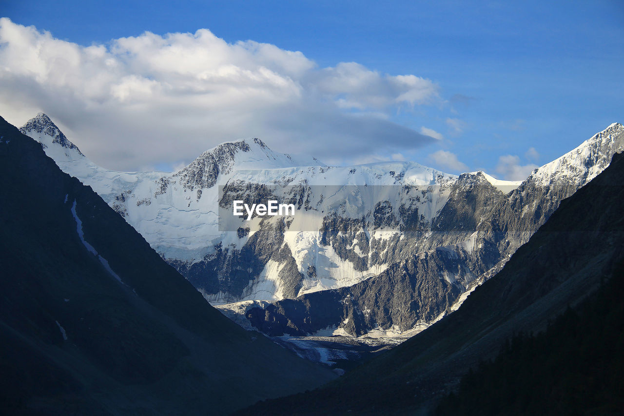 PANORAMIC SHOT OF SNOWCAPPED MOUNTAINS AGAINST SKY