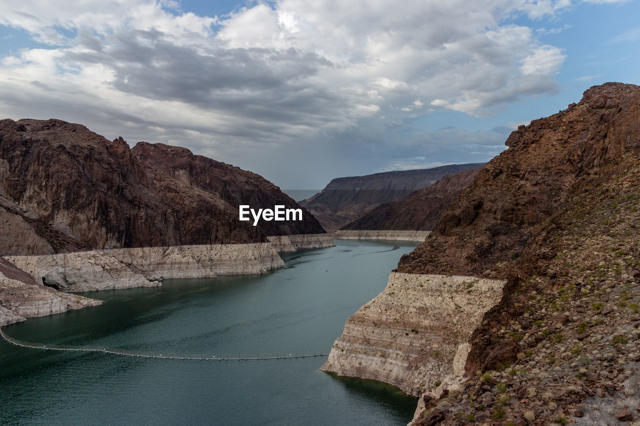 Scenic view of river amidst mountains against sky
