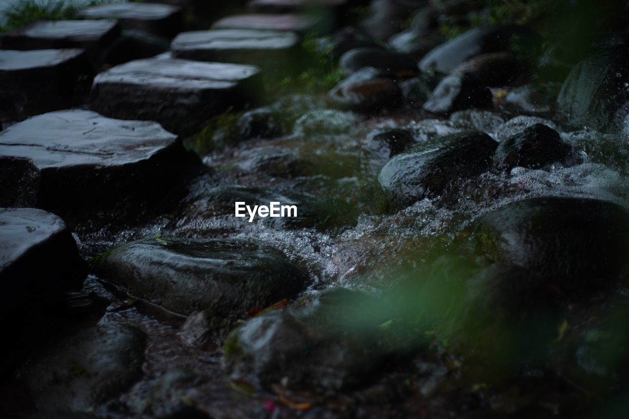 CLOSE-UP OF ROCKS IN STREAM