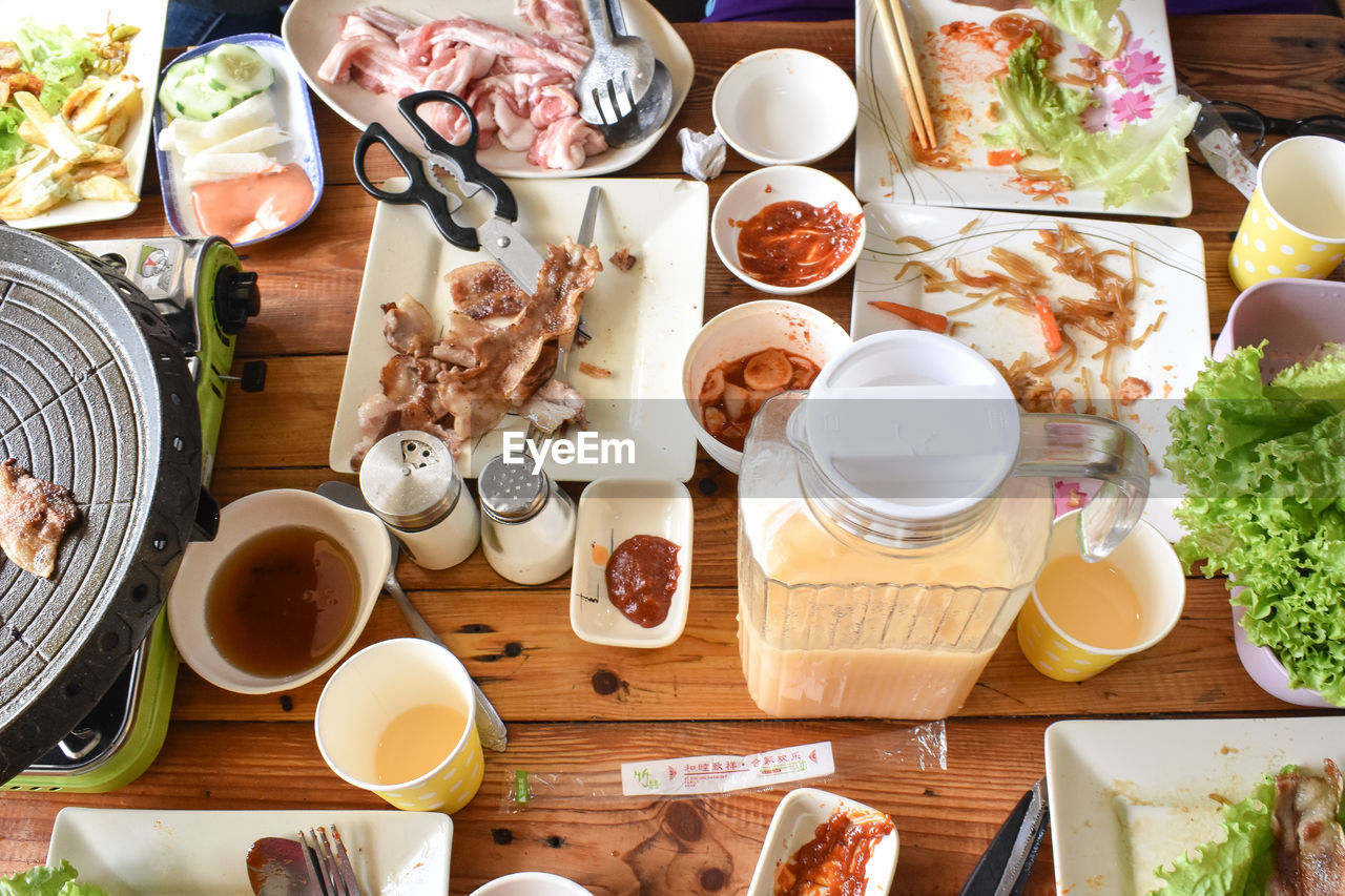 HIGH ANGLE VIEW OF BREAKFAST SERVED ON TABLE