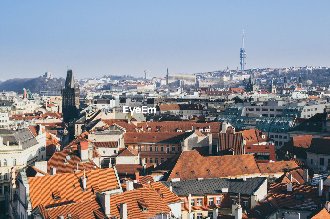 Cityscape of prague on a sunny and cold winter day with blue sky