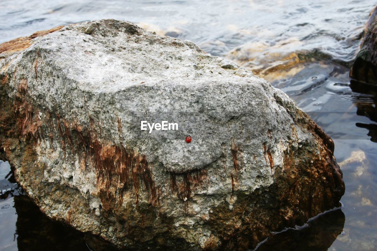 CLOSE-UP OF STONES ON SHORE