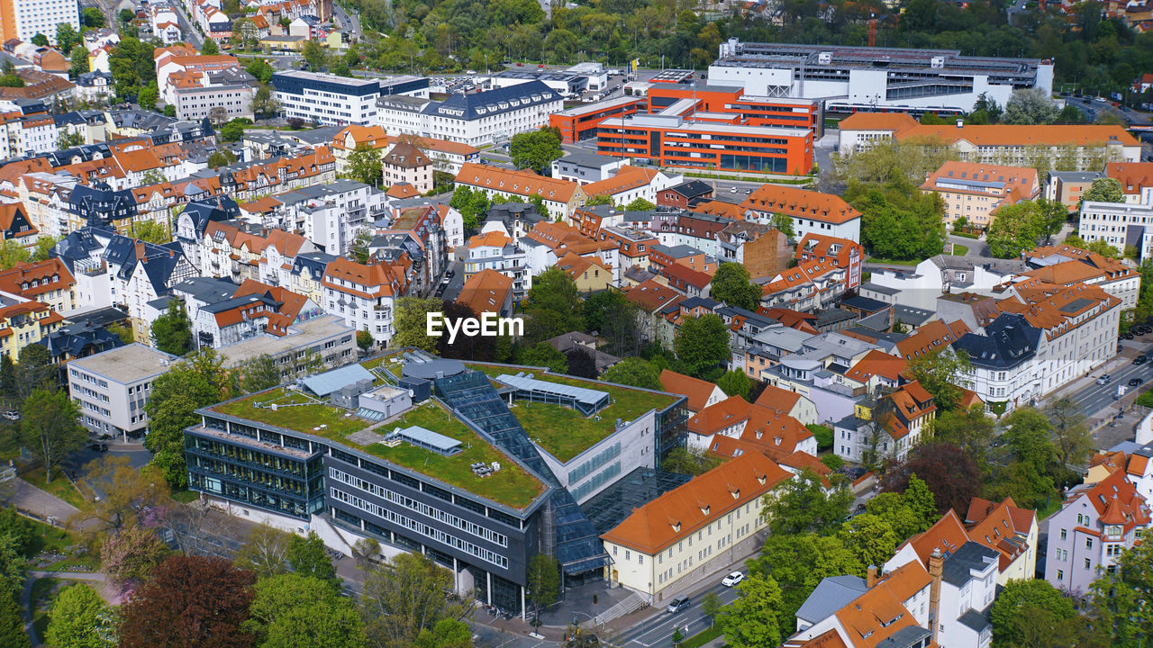 High angle view of buildings in city