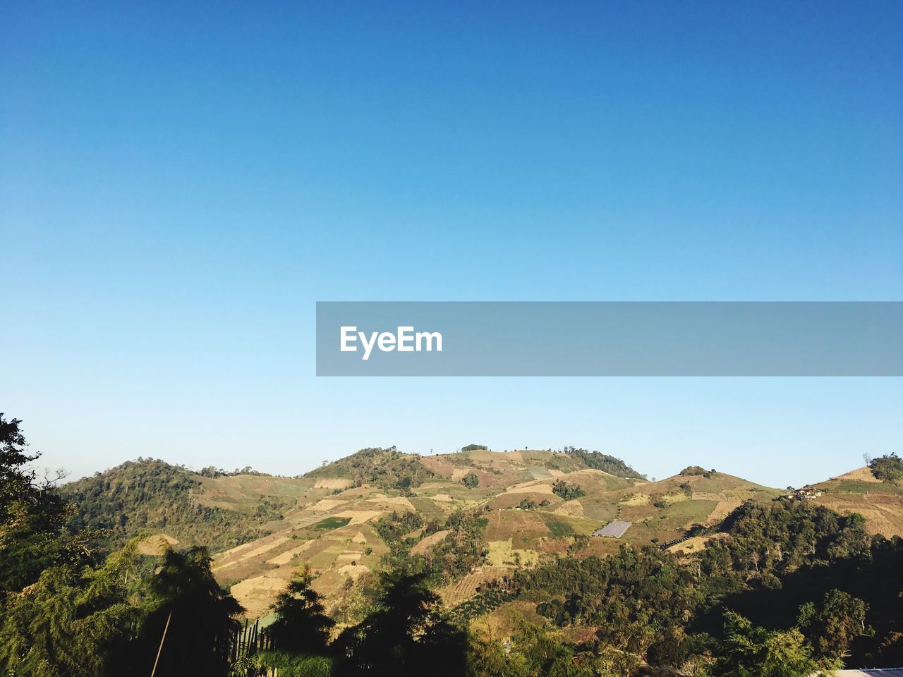 Scenic view of landscape against clear blue sky