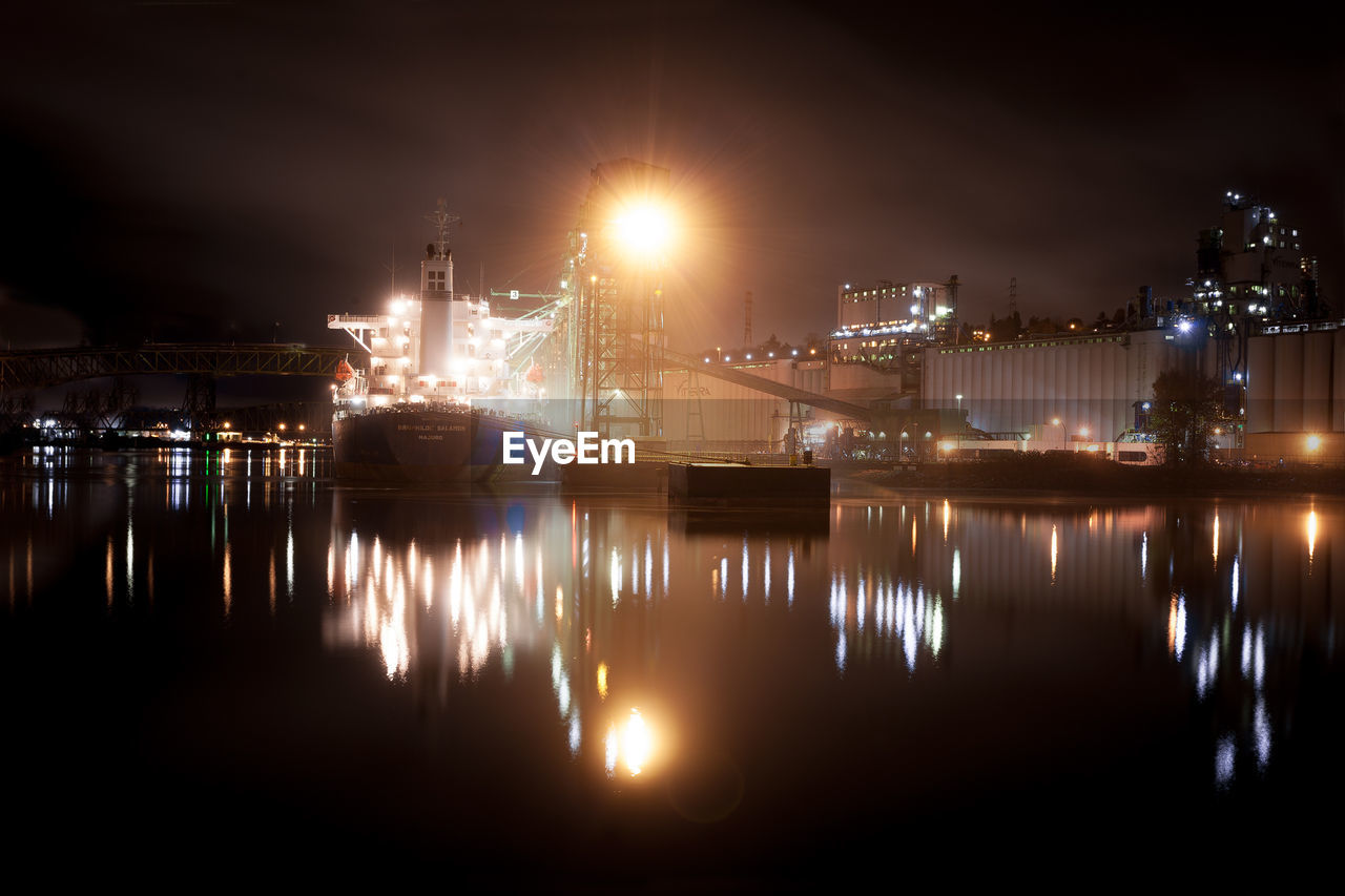 REFLECTION OF ILLUMINATED CITY IN WATER