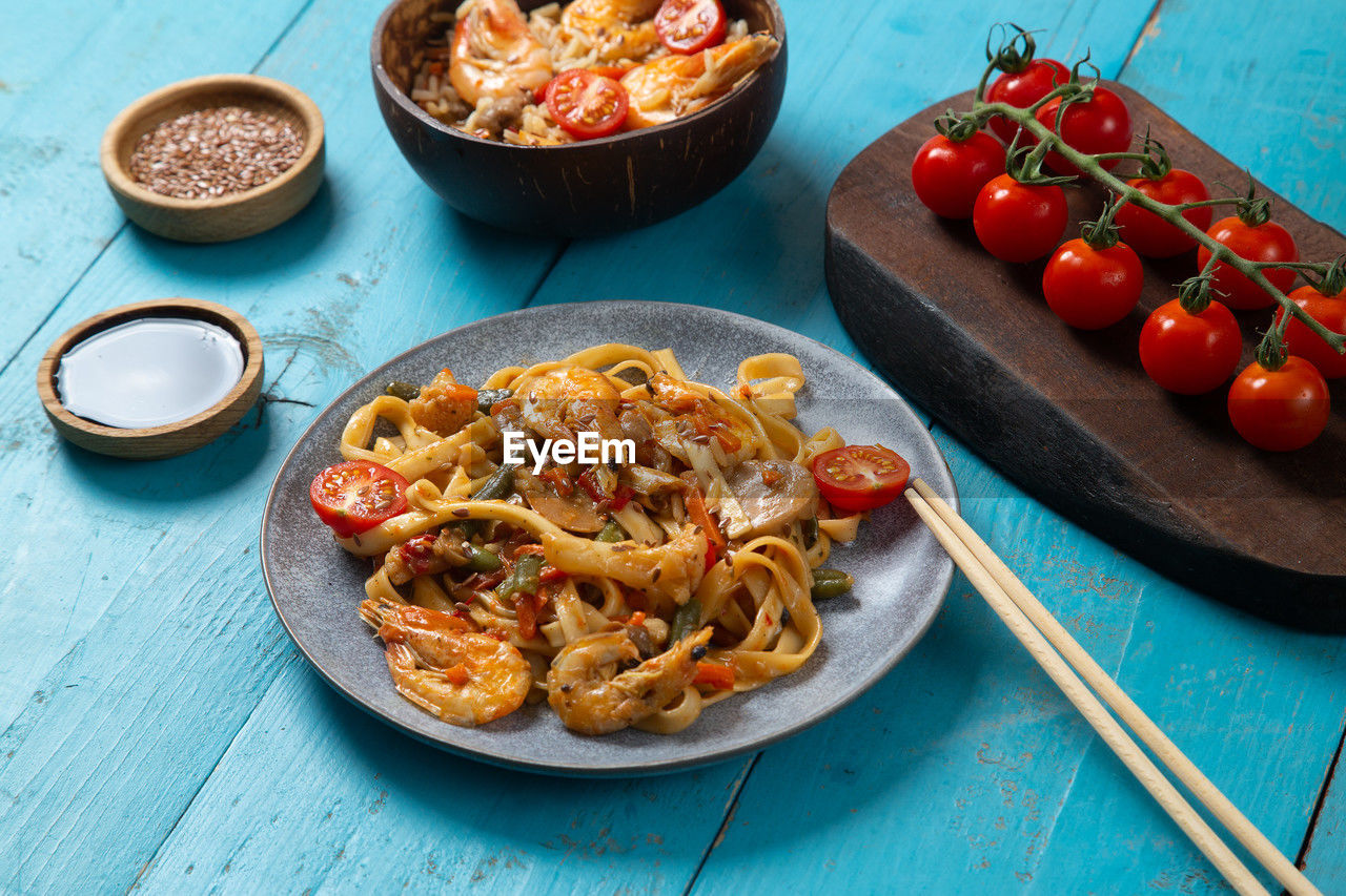 high angle view of food served in plate on table