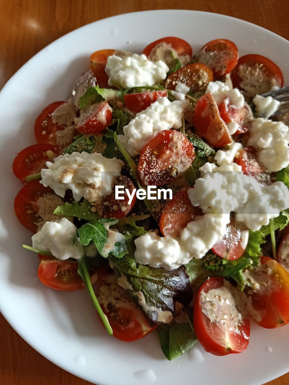 High angle view of salad in bowl on table