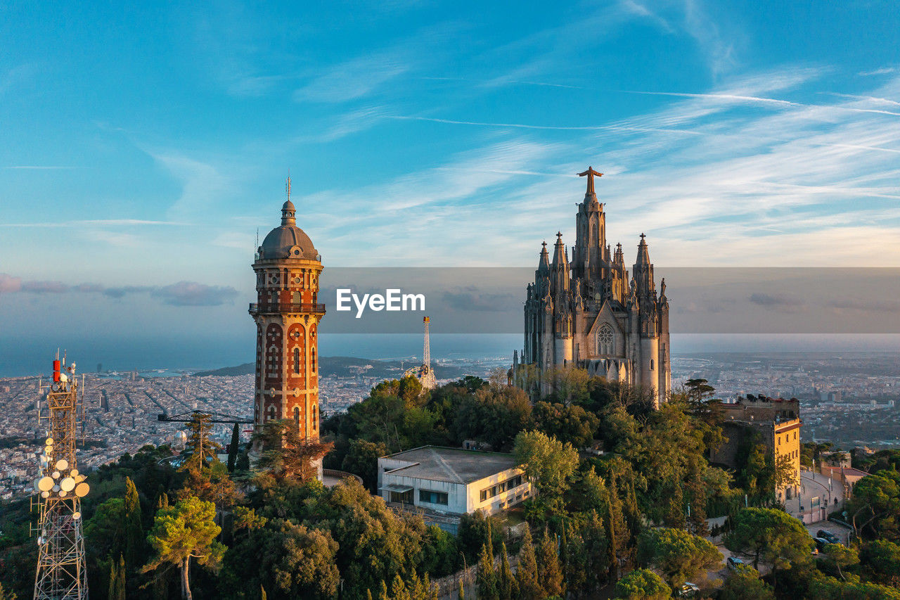 Ancient church on a hill in barcelona. bird's eye view