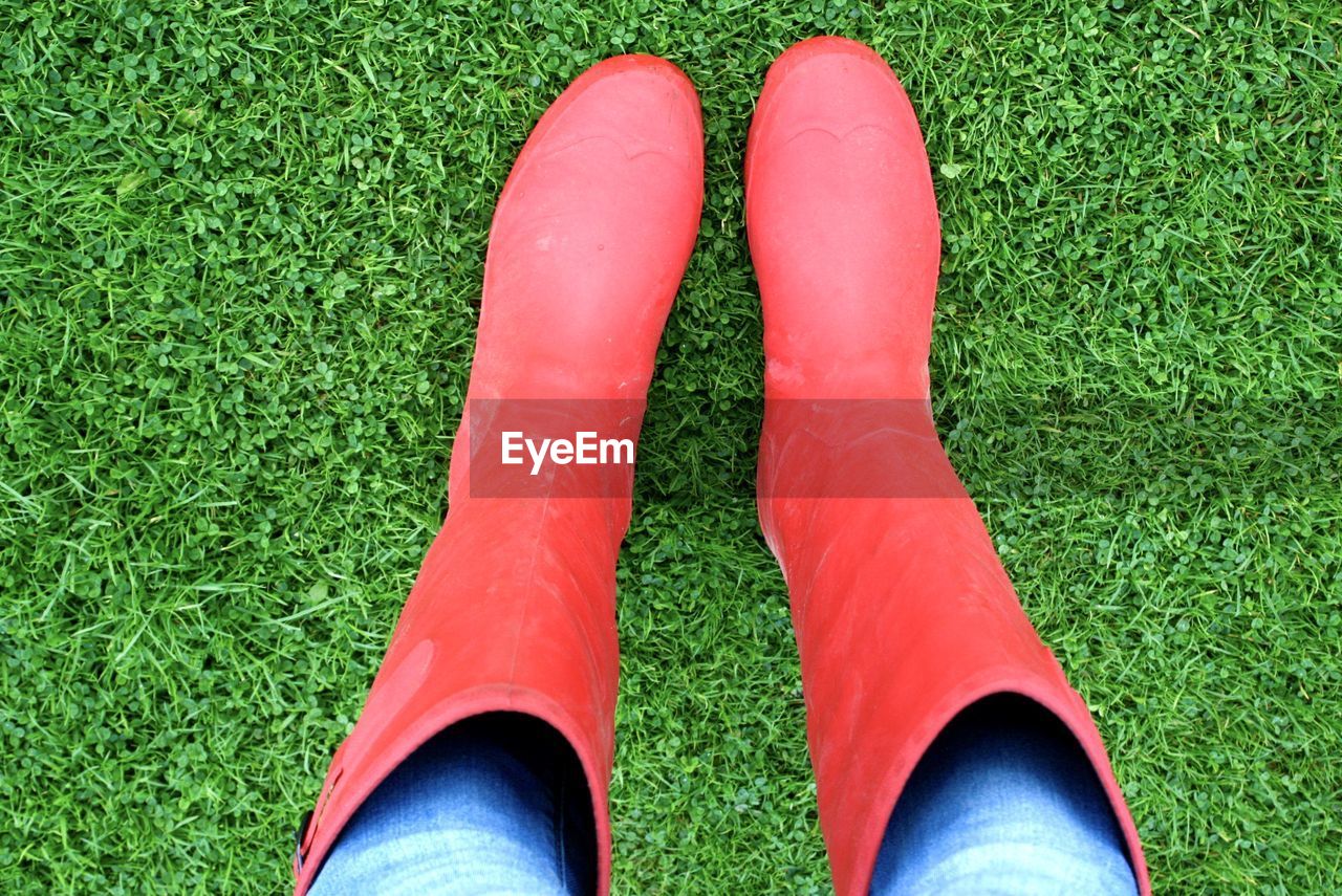 LOW SECTION OF WOMAN STANDING ON GREEN GRASS WITH PINK SHOES