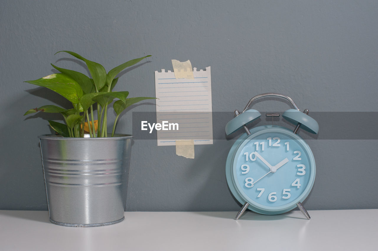 Close-up of clock with potted plant on table against paper on wall