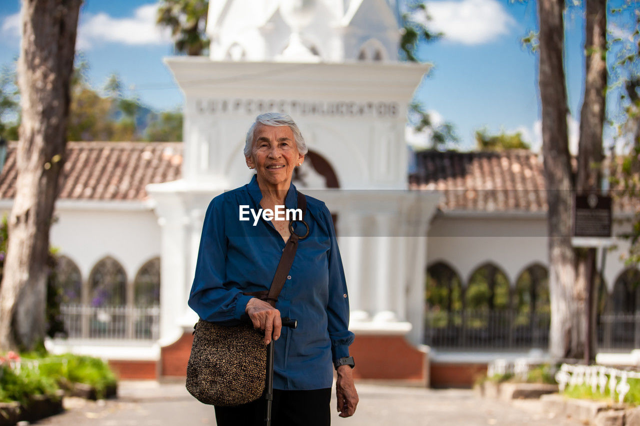 Senior woman tourist at the heritage town of salamina in the department of caldas in colombia