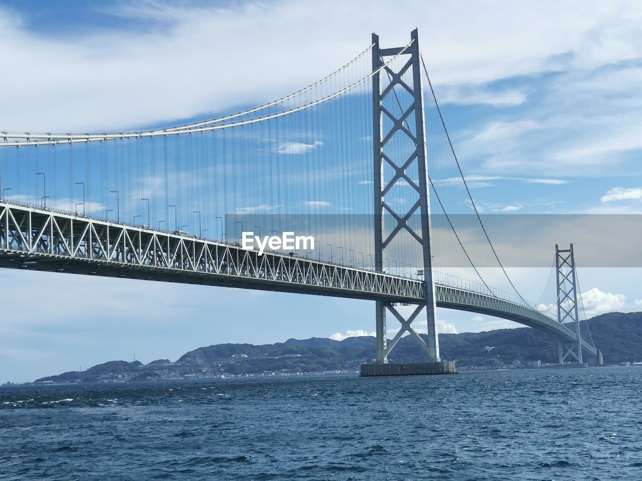 View of suspension bridge against cloudy sky