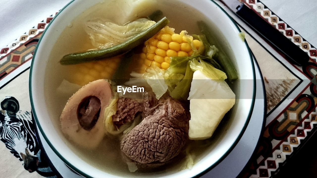 High angle view of bulalo in bowl on table