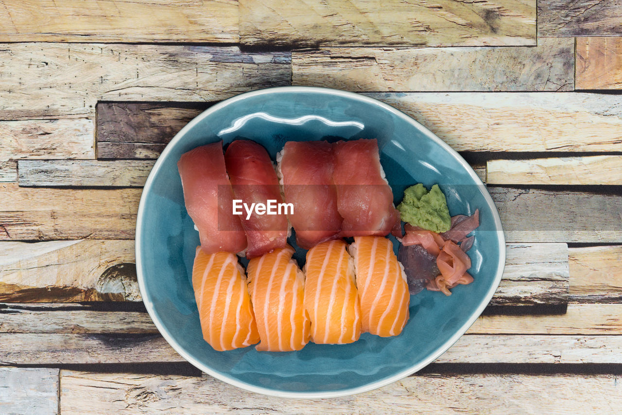 Directly above shot of sushi in plate