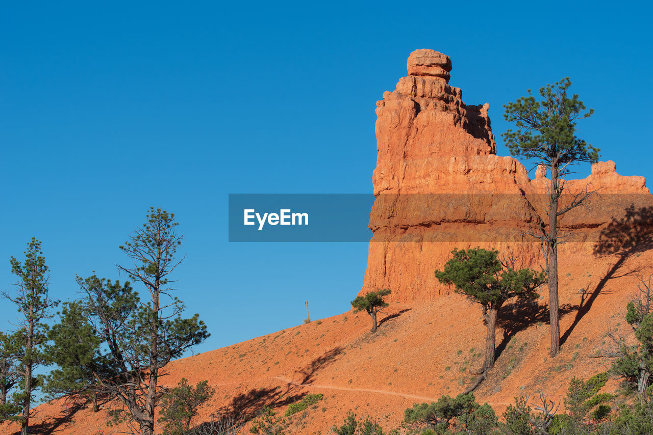 Low angle landscape of orange hoodoos and spires or rock formations and greenery against the sky