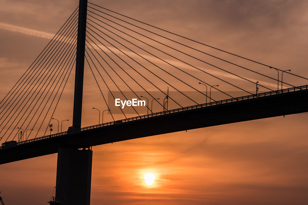 Low angle view of suspension bridge against sky during sunset