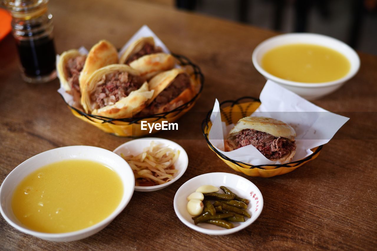 High angle view of breakfast served on table