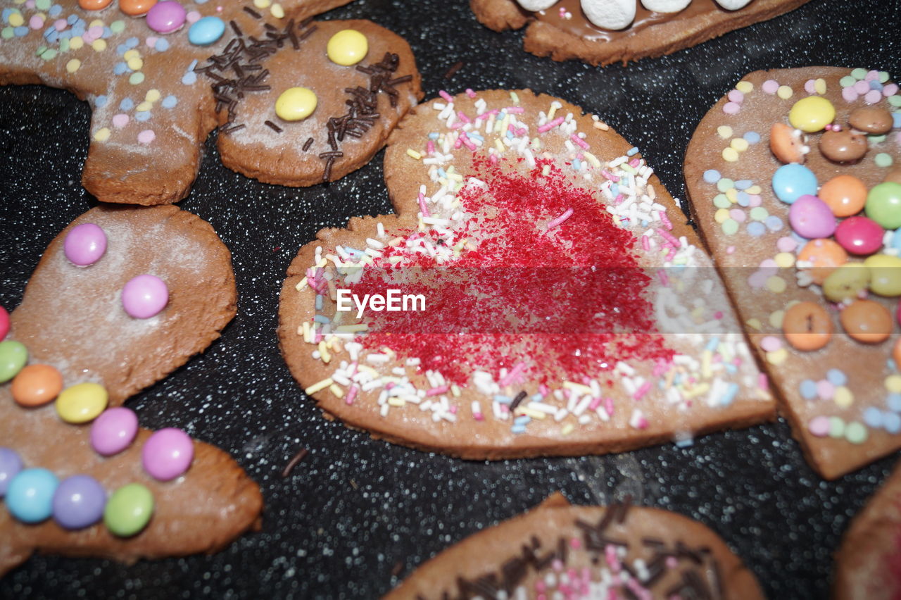 High angle view of colorful cookies