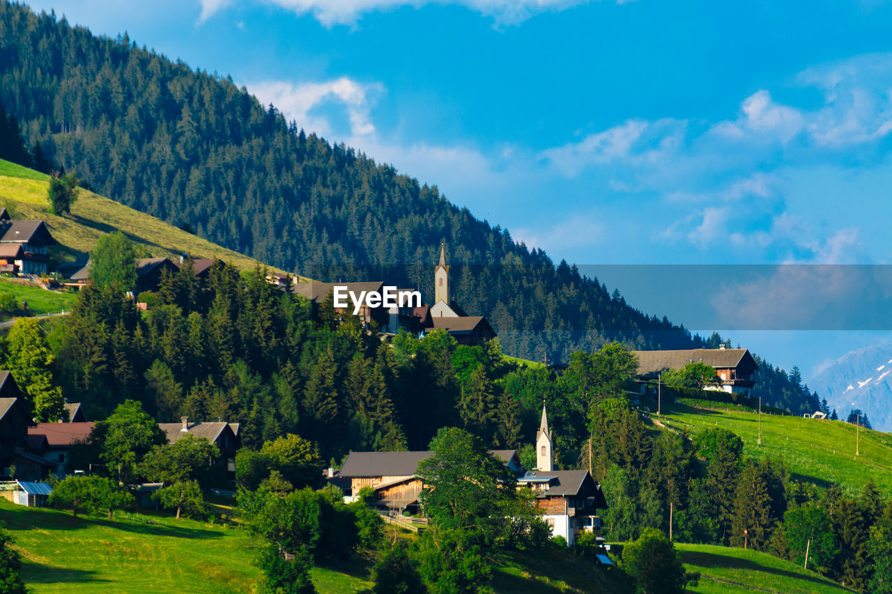 Scenic view of trees and mountains against sky