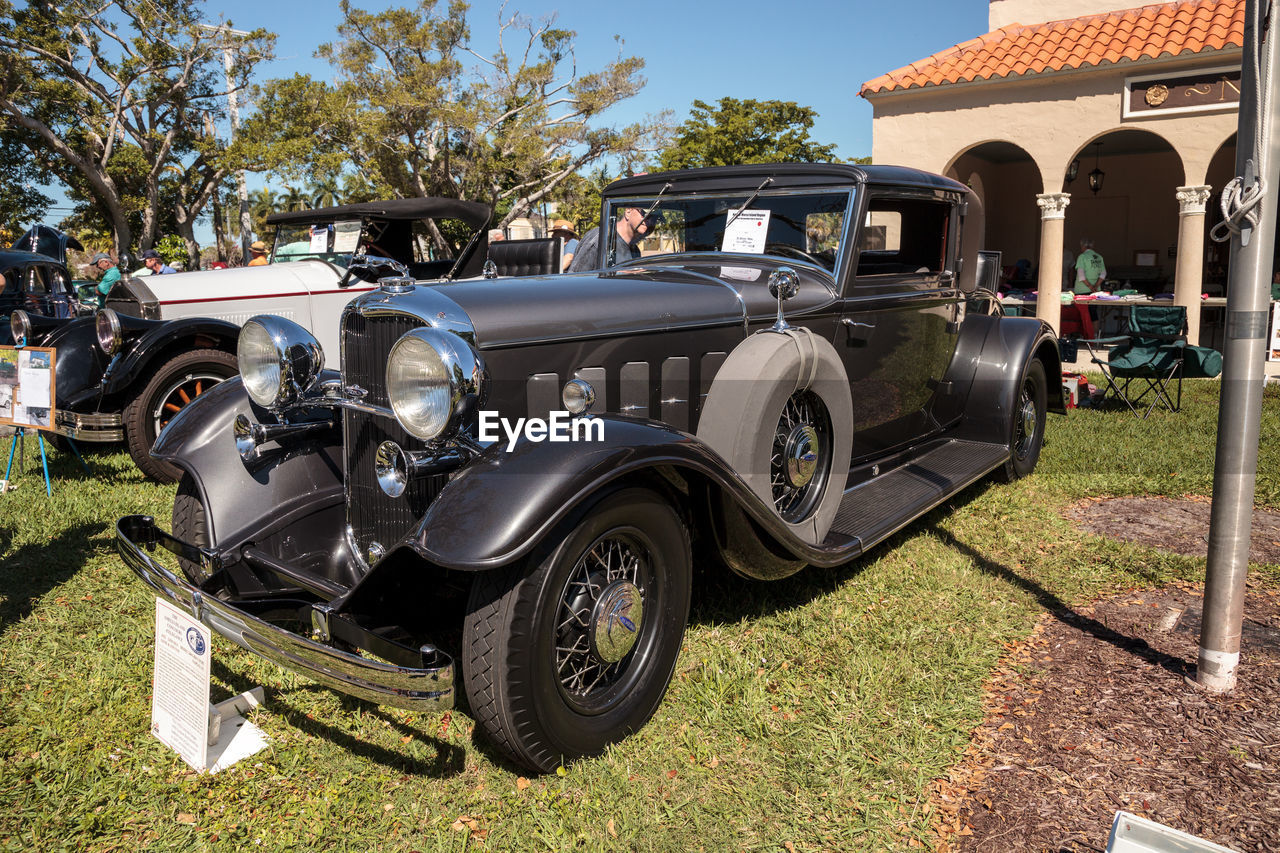 VINTAGE CAR ON FIELD AGAINST TREES