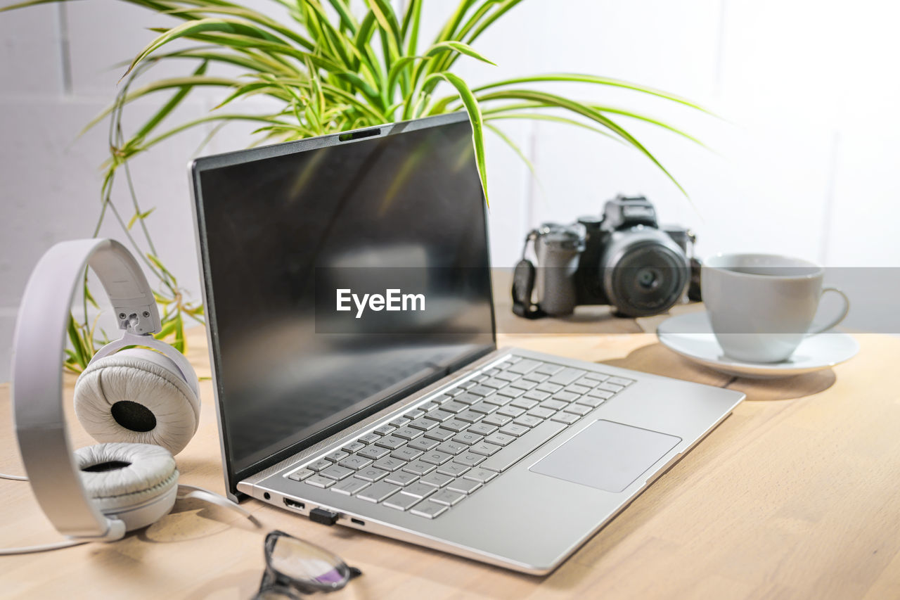 high angle view of laptop on table at home