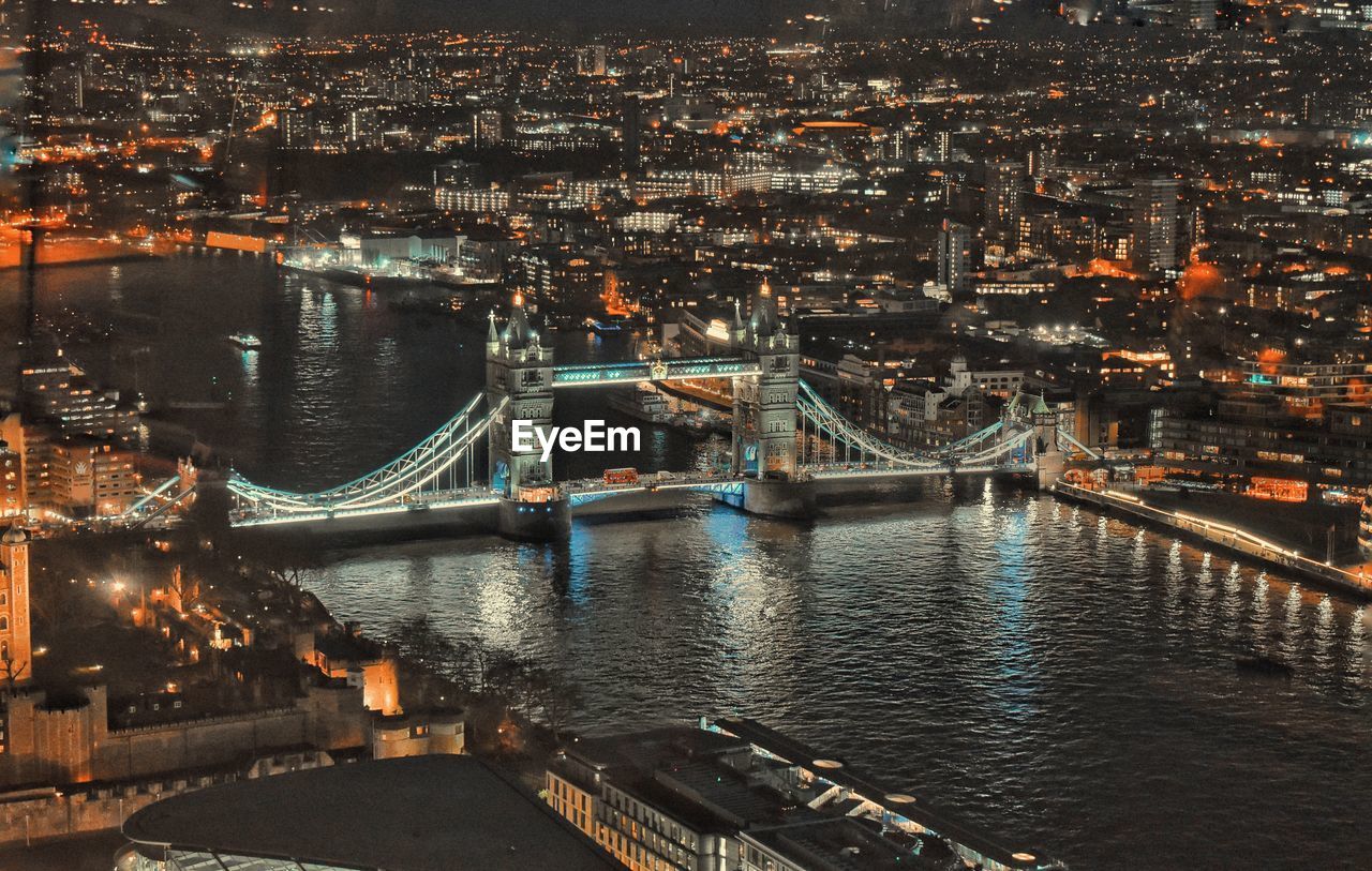 High angle view of illuminated city at night