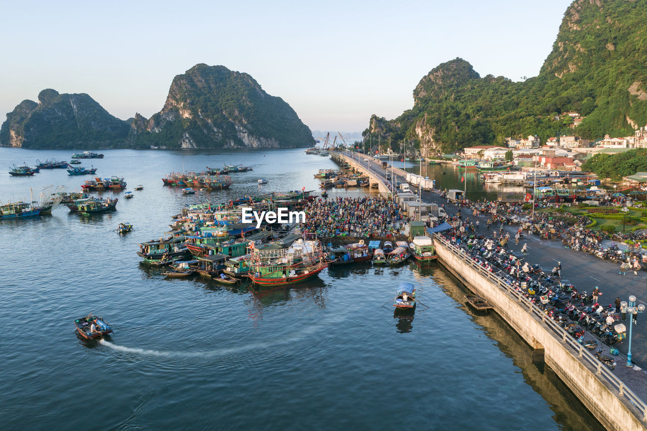 High angle view of boats moored in sea