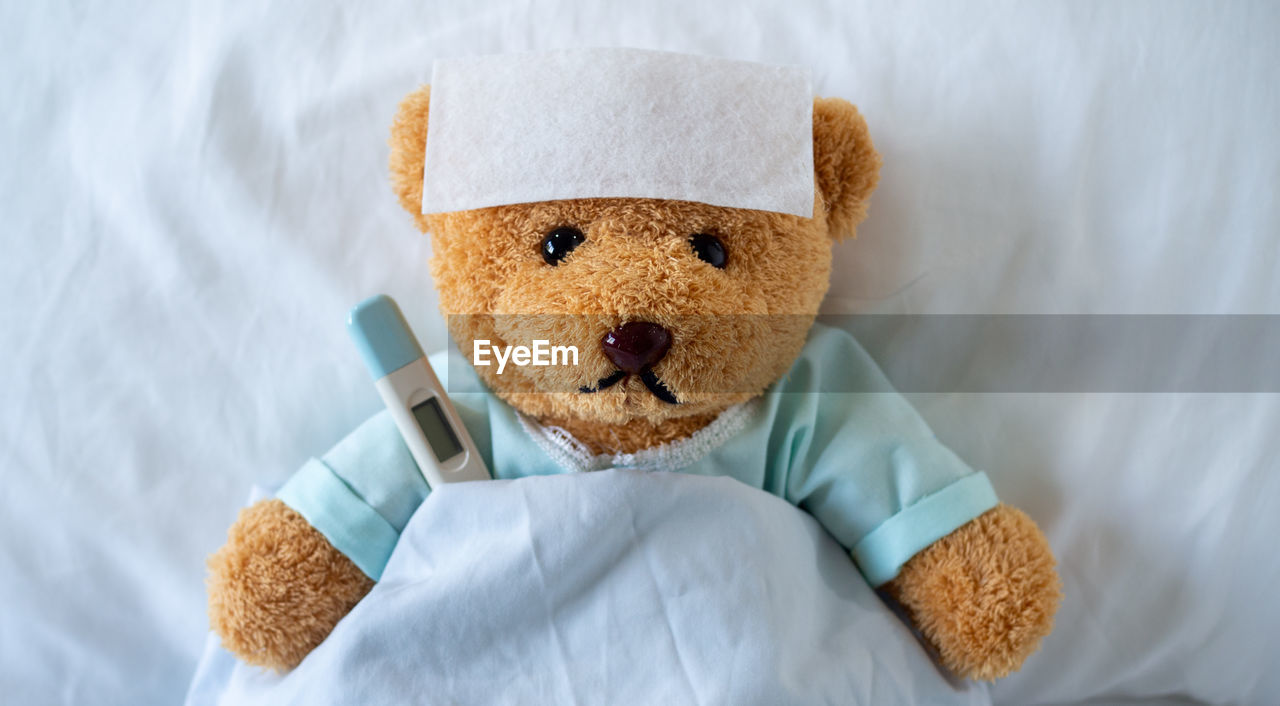 High angle view of teddy bear with thermometer on bed