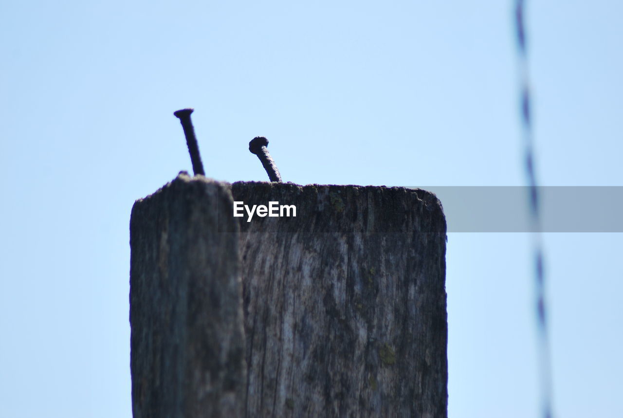 Close-up of wooden pole against clear sky