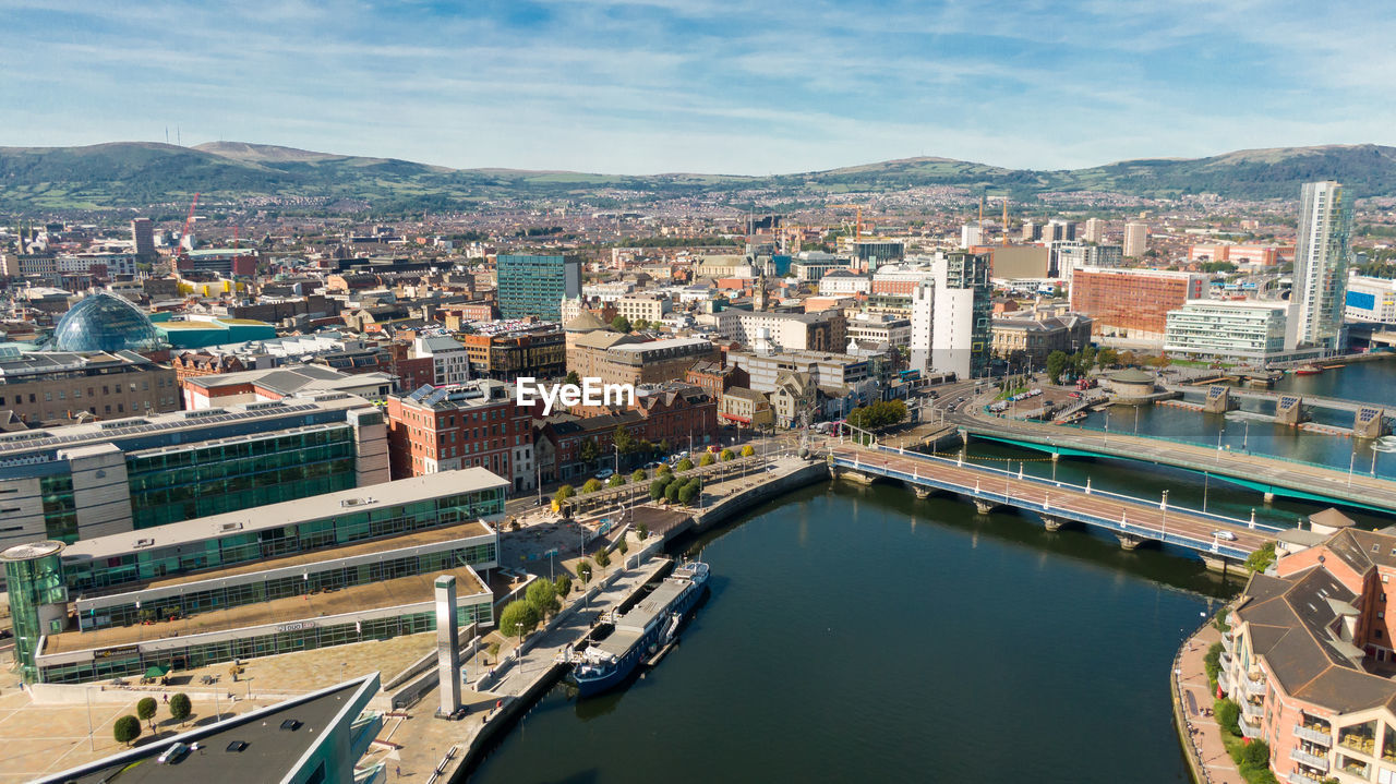 High angle view of buildings in city