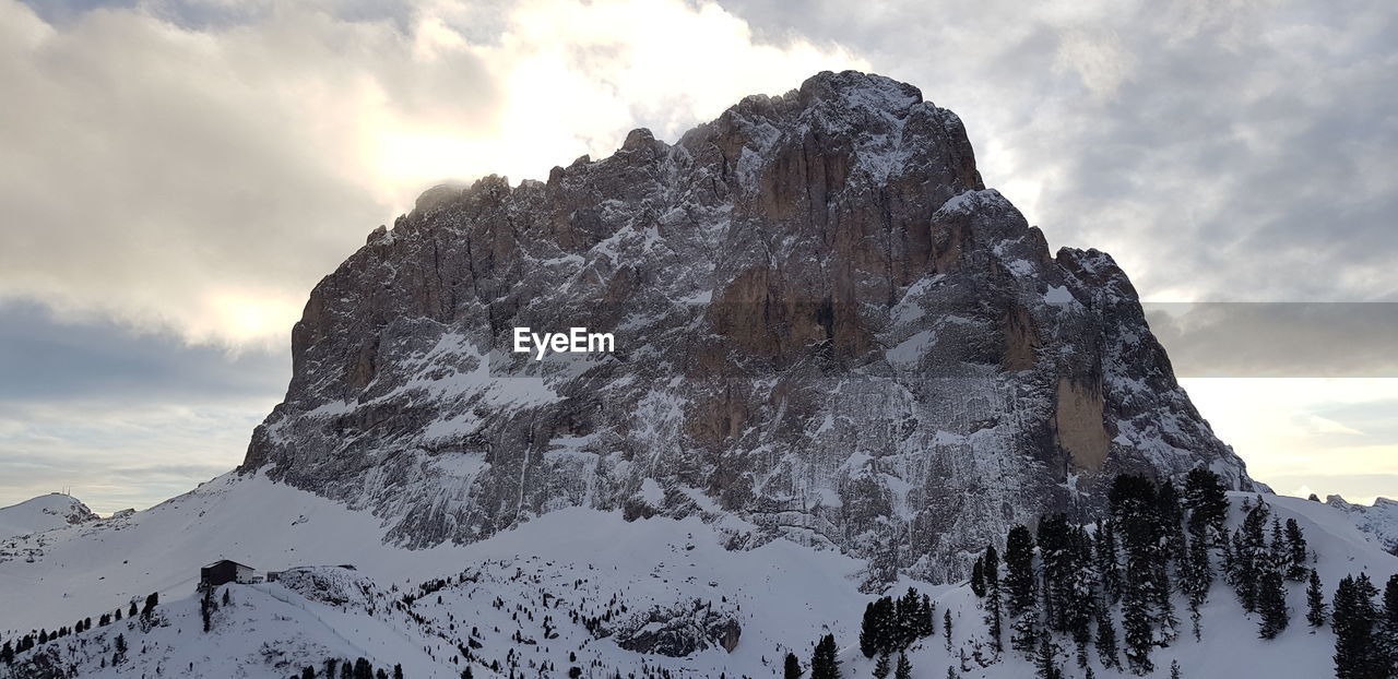 Low angle view of snowcapped mountain against sky