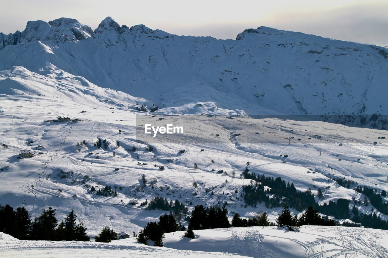 SNOW COVERED MOUNTAINS AGAINST SKY