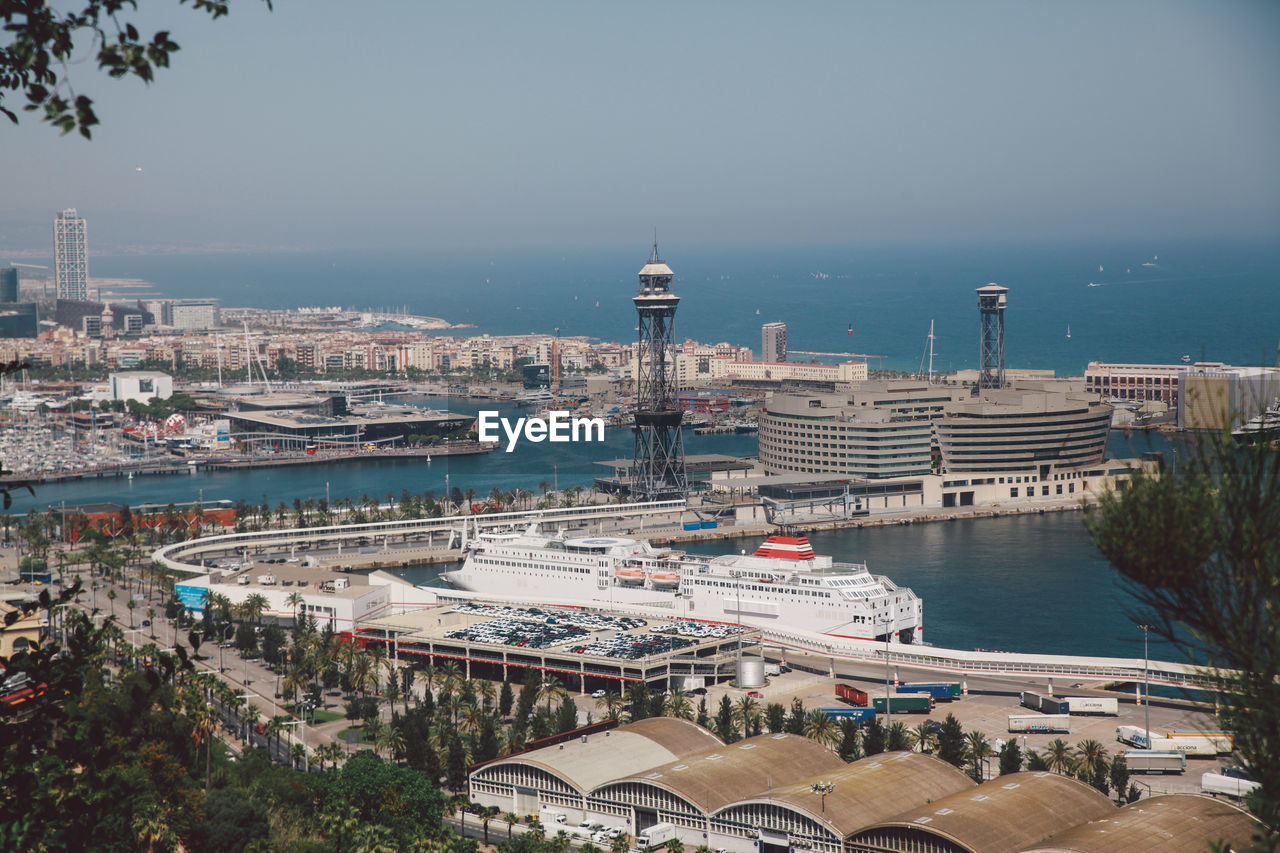 High angle view of harbor in city