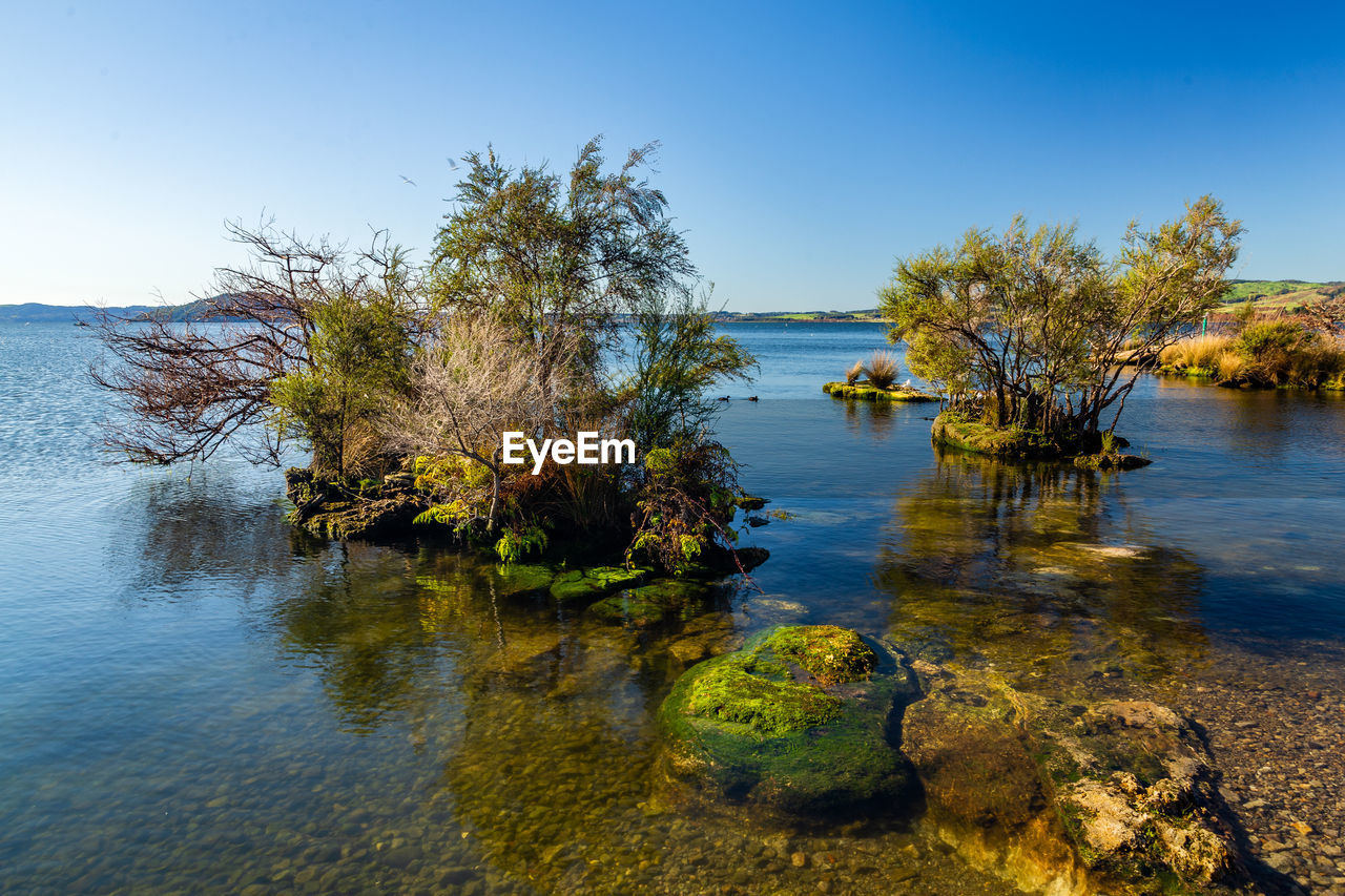 Scenic view of lake against clear sky