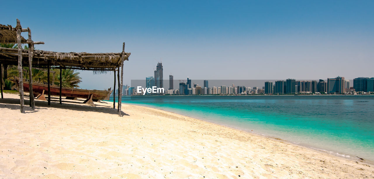 Panoramic view of beach against clear sky